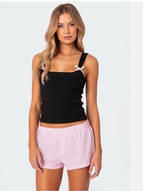 Edikted Lola Ribbed Black Tank Top with Pink Accents